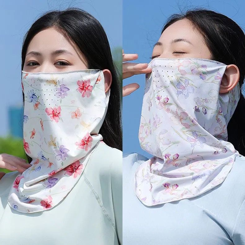 新款冰丝防晒面罩全脸护颈骑行挂耳面巾夏季口罩开车面纱披肩女士