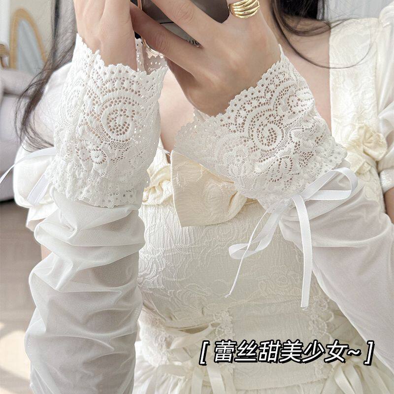 蕾丝袖套女春夏冰丝长款冰袖户外骑行遮阳泡泡袖中筒袜套