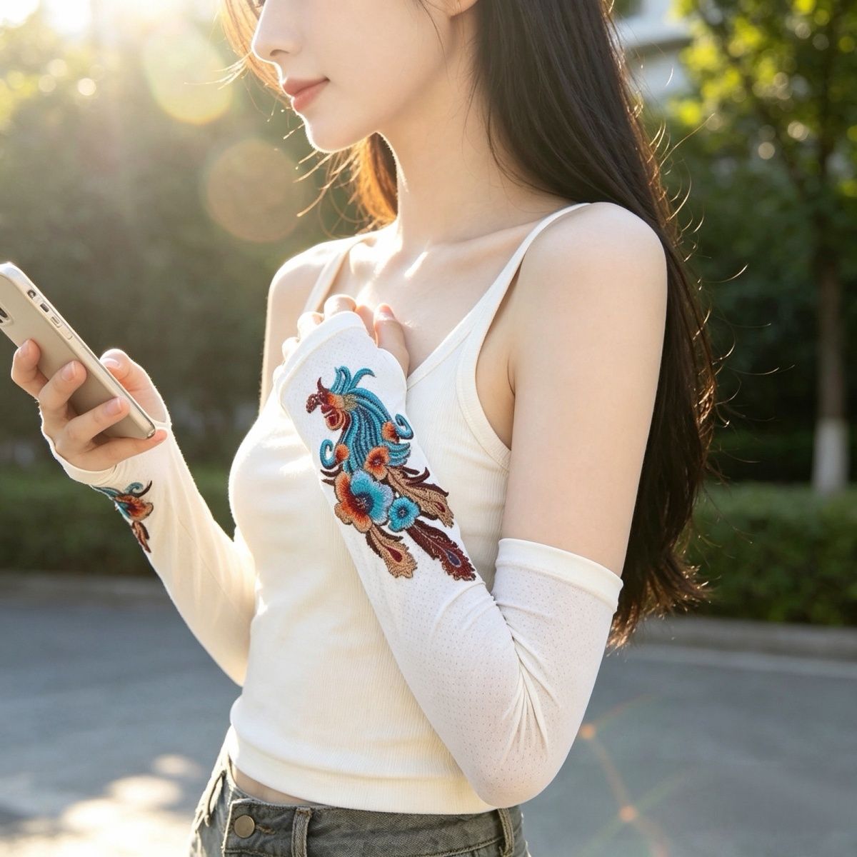 云南民族风绣花冰袖弹力遮阳防晒冰丝袖套凤凰绣花手袖防紫外线