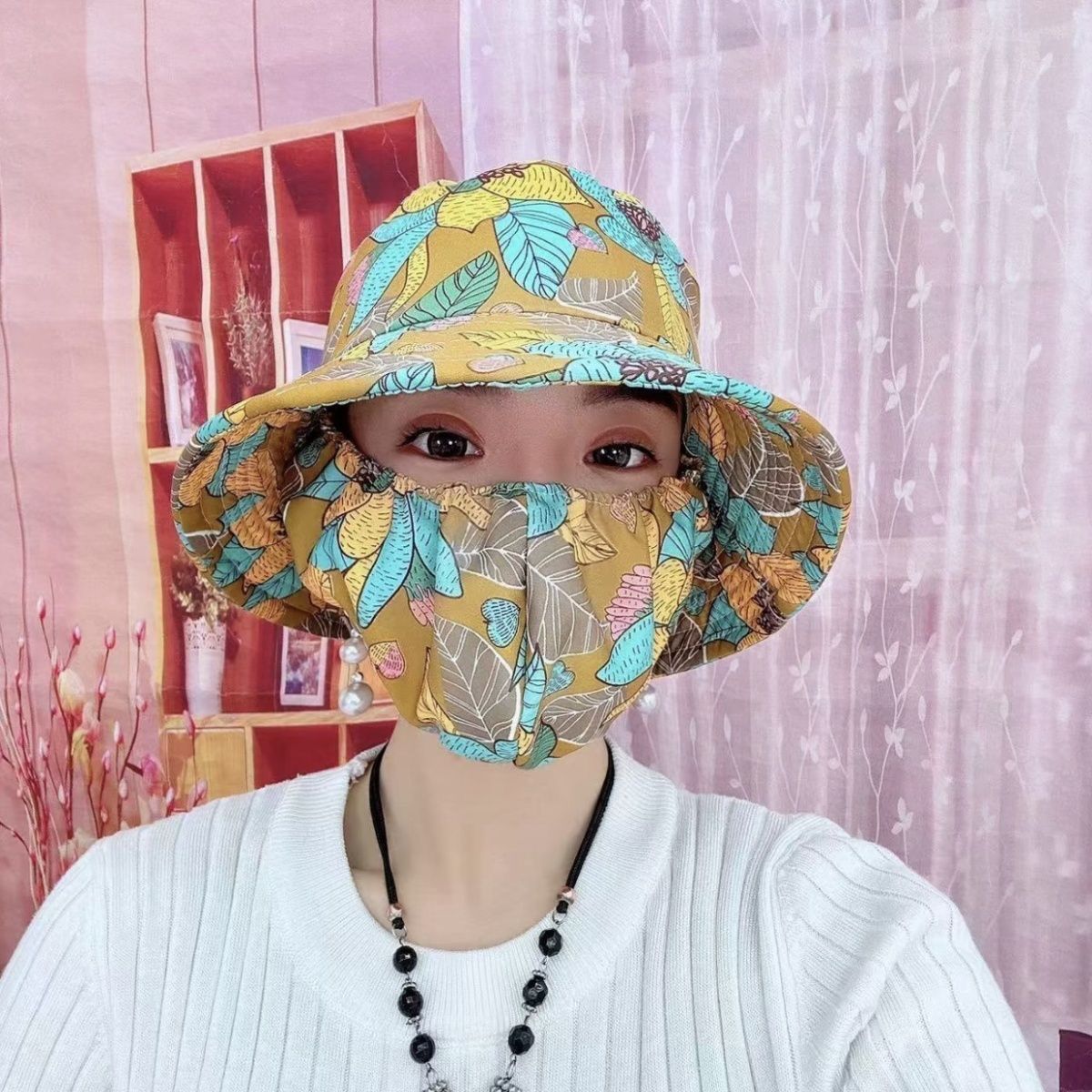 防晒面罩男女通用户外干活田间劳动采茶帽子骑车遮阳遮脸防护帽