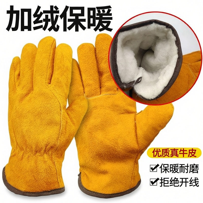 黄色羊皮棉手套加棉保暖焊工手套耐磨羊皮柔软加厚加绒氩弧焊专用