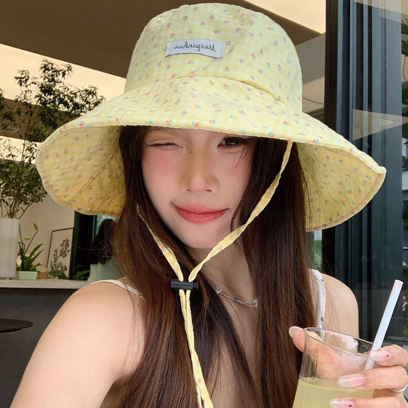 甜美碎花黄色渔夫帽女夏季户外薄款透气遮阳防晒帽大帽檐太阳帽子