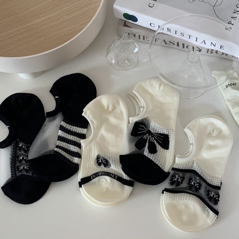 黑色蝴蝶结玻璃丝袜子女短袜ins潮夏季薄款日系镂空透气隐形船袜