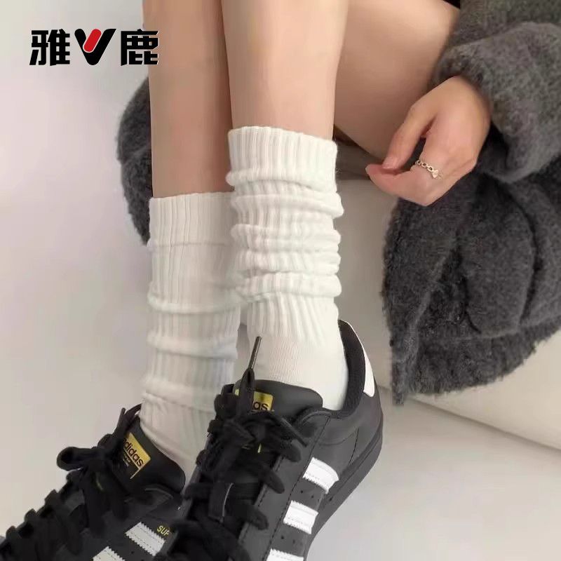 雅鹿袜子女中长款美式堆堆袜春夏季灰白色jk小腿袜显瘦百搭纯色袜