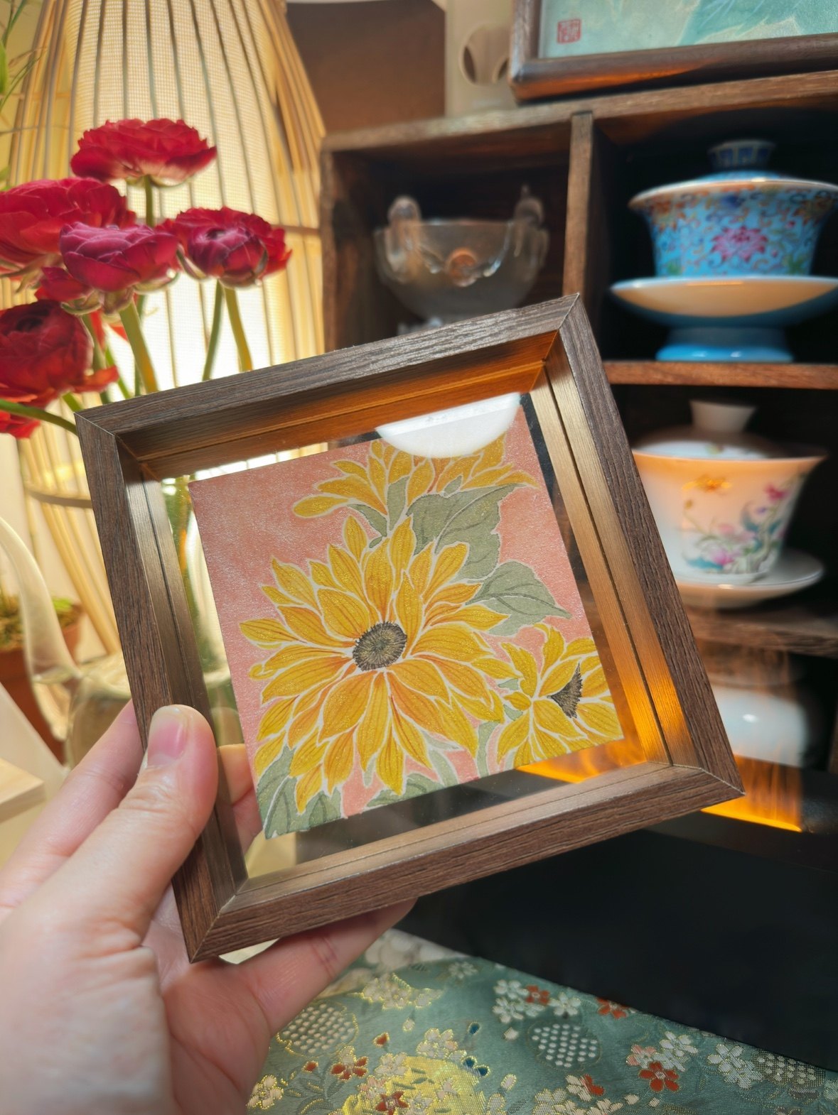 纯手绘向日葵国画没骨水彩摆台床头桌面装饰