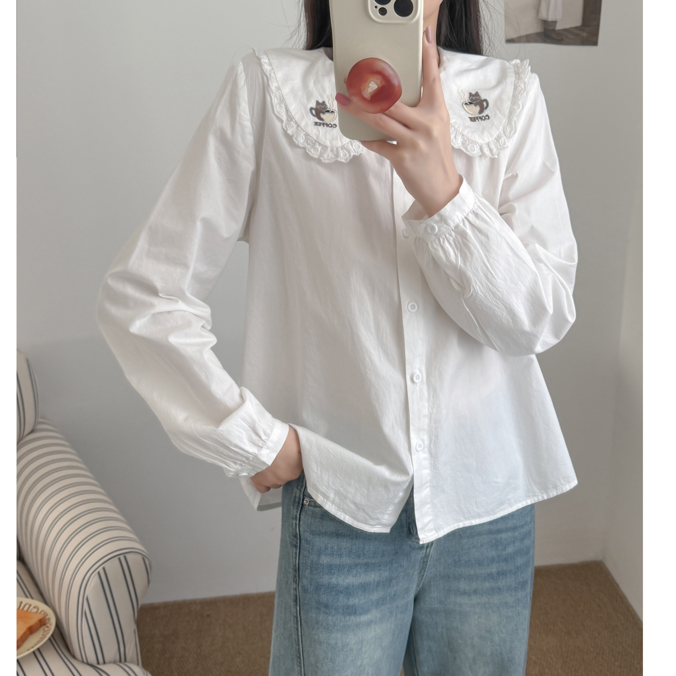 法式甜美风娃娃领蕾丝刺绣猫咪衬白衫女减龄灯笼袖上衣学院风衬衣