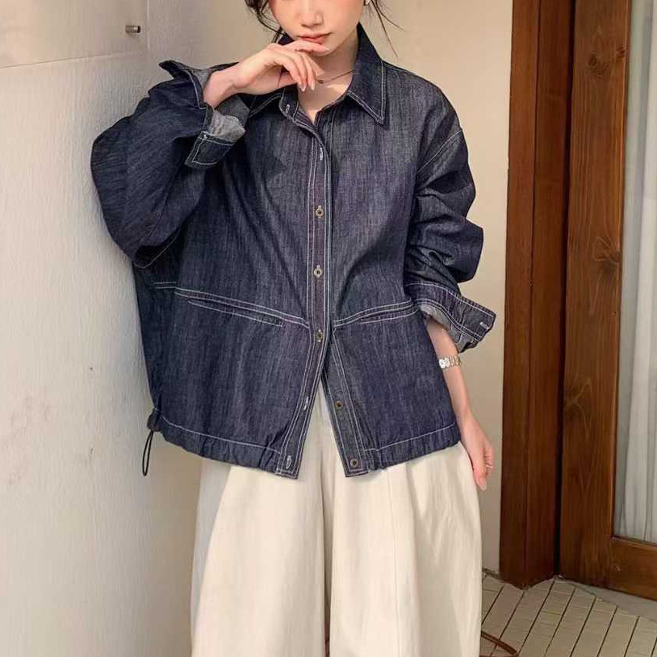 复古牛仔风翻领短外套女宽松休闲下摆抽绳机车风上衣小个子夹克衫,女装/女士精品,短外套,淘宝优惠券,粉丝福利购,淘宝优惠卷