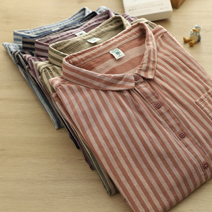 夏季新品小翻领竖条纹短袖衬衫女文艺休闲衫双层棉纱衬衣宽条上衣