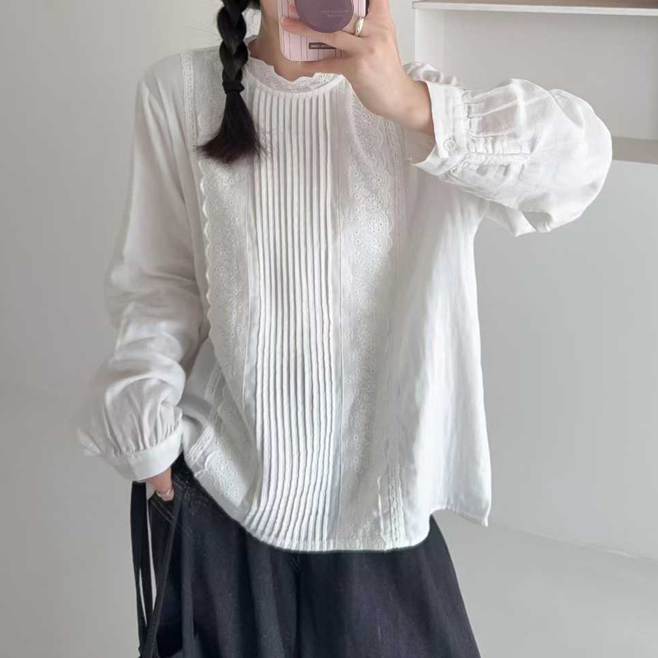 蕾丝钩花拼接长袖衬衫文艺休闲打底衫双层棉纱衬衣风琴款后背纽扣