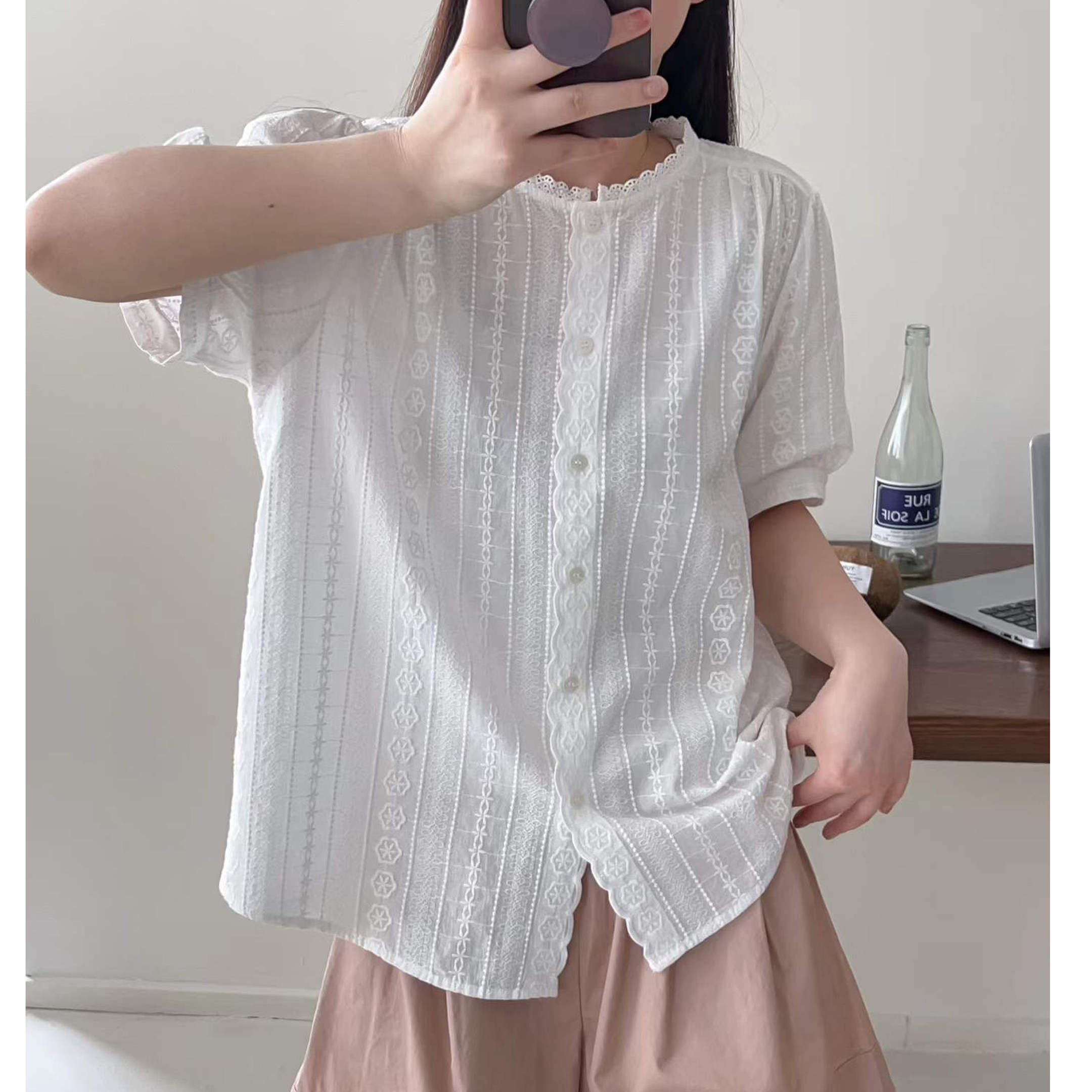 淑女风蕾丝花边衬衫女短袖纯棉白色衬衣高级感小衫提花衬衣学院风