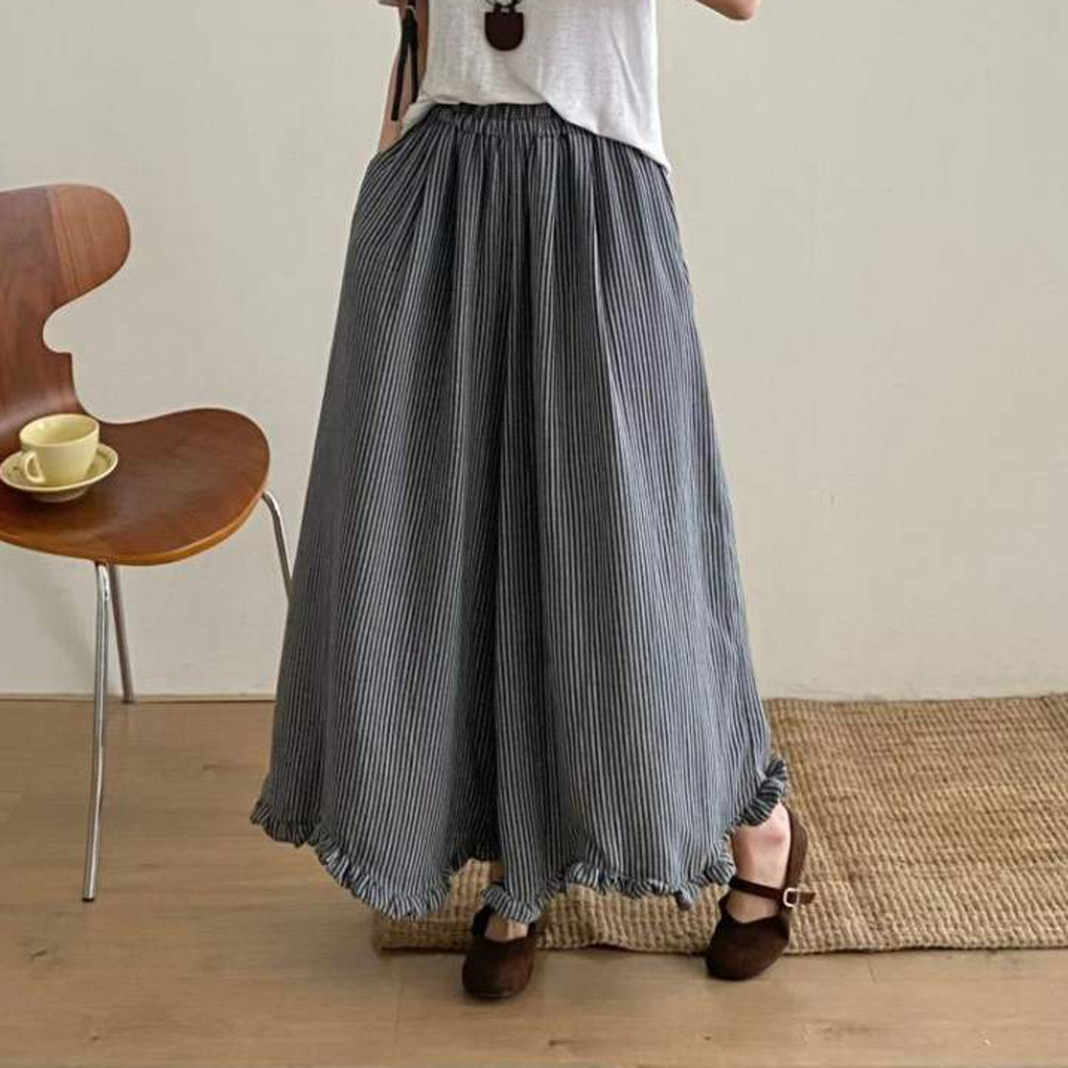 春秋日系复古条纹阔腿裤高腰木耳边宽松休闲长裤大版裤裙细条裙裤,女装/女士精品,休闲裤,淘宝优惠券,粉丝福利购,淘宝优惠卷