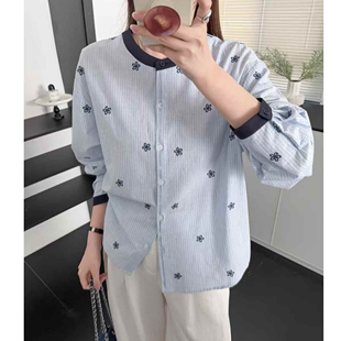 高级感条纹花朵刺绣衬衫女撞色圆领百搭通勤上衣防晒衫薄外套衬衣