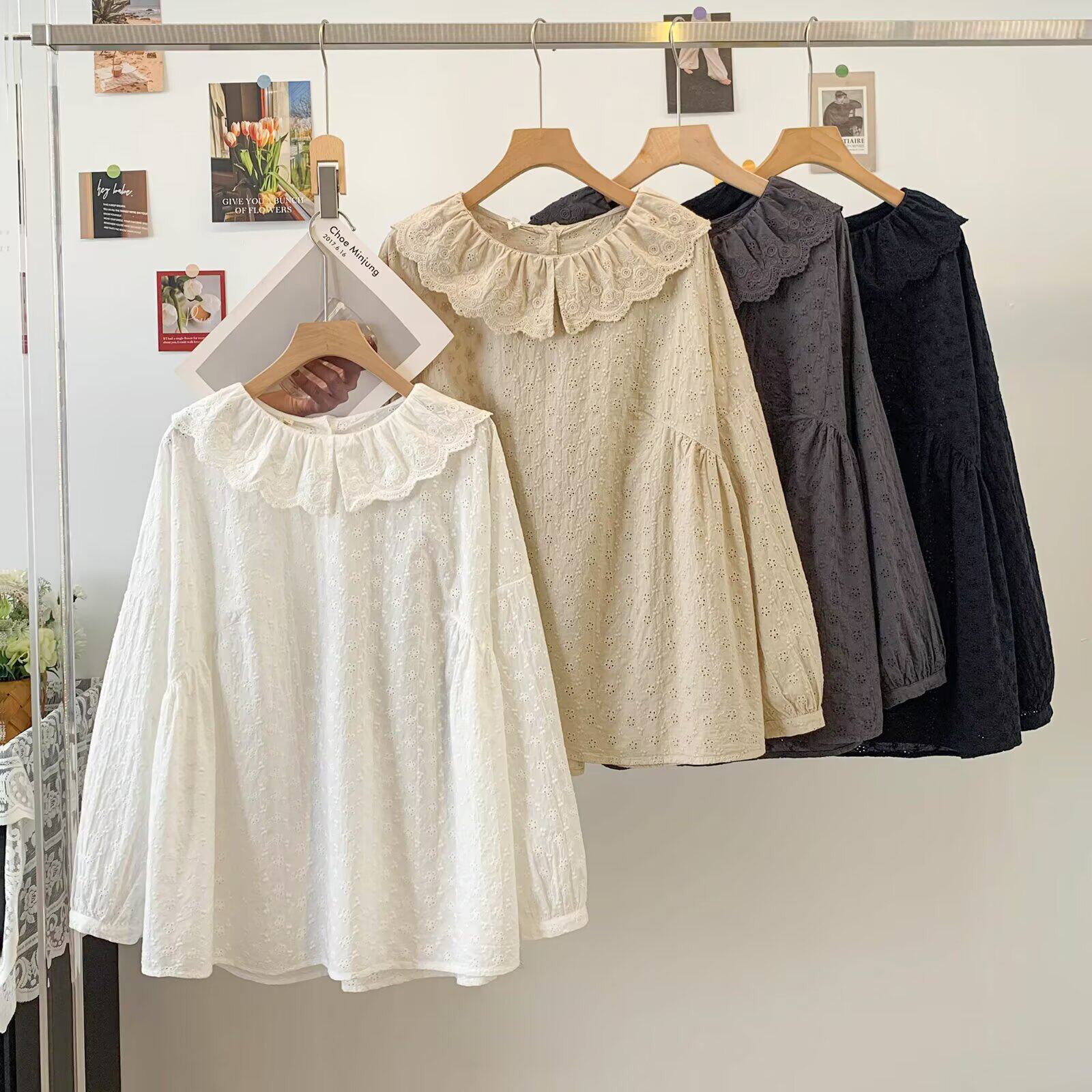 日系森女风娃娃领镂空刺绣衬衫长袖宽松套头棉布上衣背后纽扣衬衣