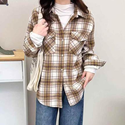 百搭秋冬款格子撞色慵懒风长袖加绒加厚衬衫女厚外套休闲文艺衬衣