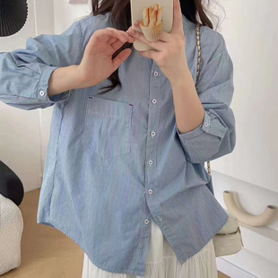 闺蜜岁月立领竖条纹长袖衬衫女单口袋细条纹衬衣文艺时尚防晒上衣
