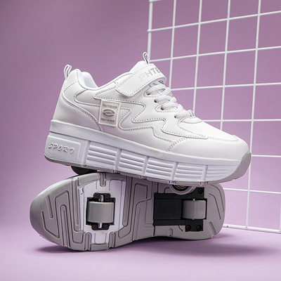 PHTEER男童暴走鞋儿童双轮滑行运动鞋白色轮滑鞋女孩爆走童鞋带轮