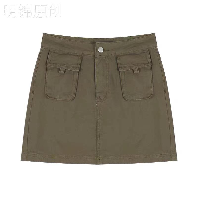 灰绿色牛仔半身裙小个子美式复古工装裙大码胖mm高腰a字包臀短裙