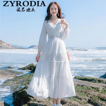 ZYRODIA 2024春秋白色法式复古蕾丝连衣裙夏仙女沙滩海边度假长裙