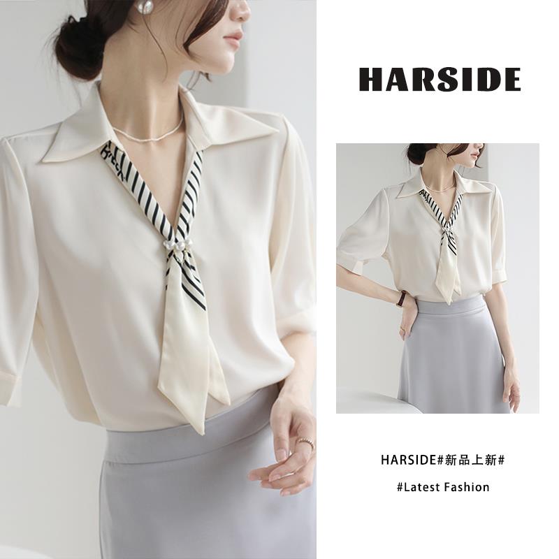 HARSIDE 高级感醋酸缎面衬衫女夏季丝巾领带职业通勤衬衣短袖上衣