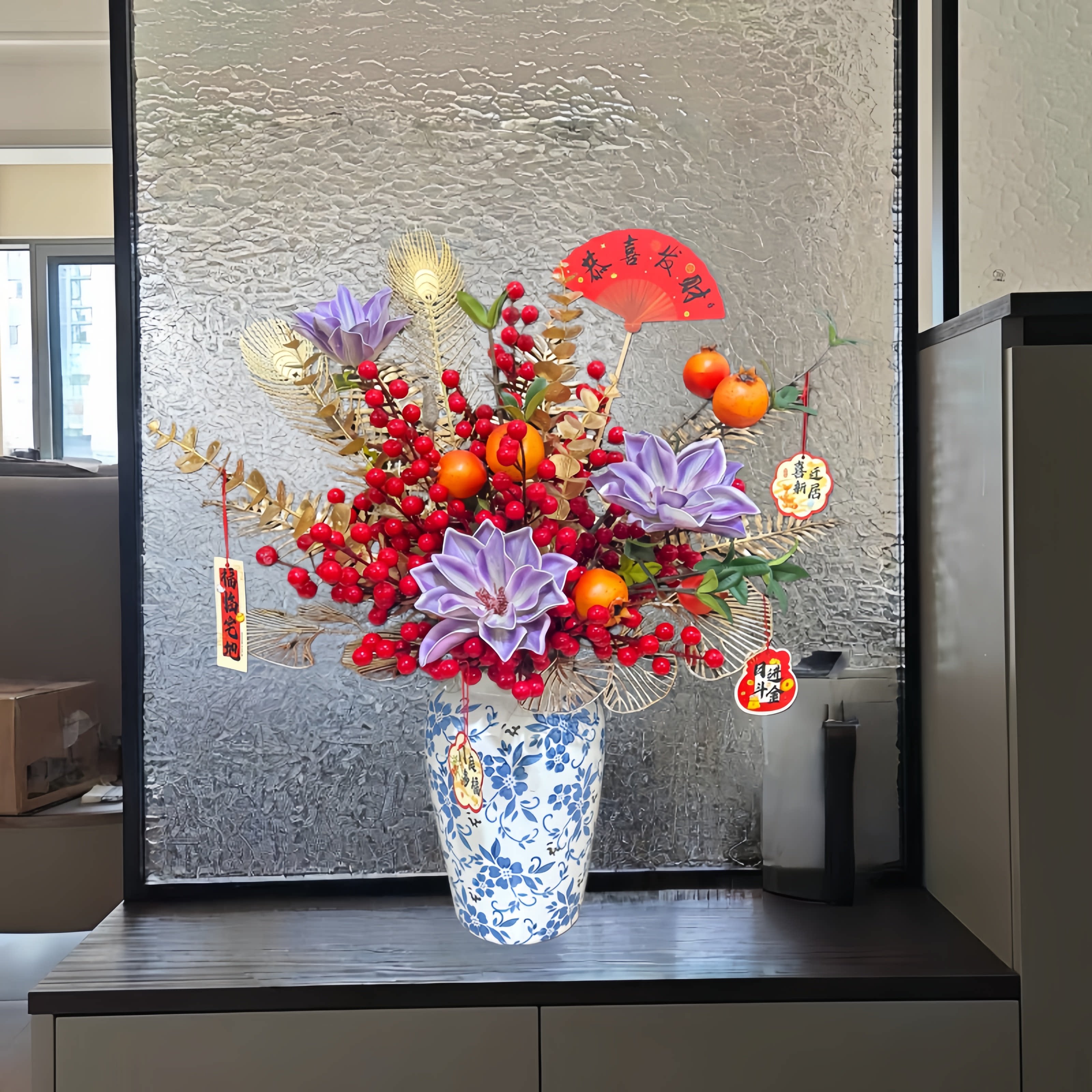 新年红色喜庆红果子年宵花客厅摆设乔迁结婚装饰品仿真花插花摆件