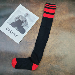 学院风撞色条纹长筒袜女春季 长袜 纯棉过膝护腿袜黑红高筒袜女秋季