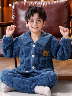 红豆法兰绒儿童睡衣春秋季男童宝宝加厚青少年中大童珊瑚绒家居服