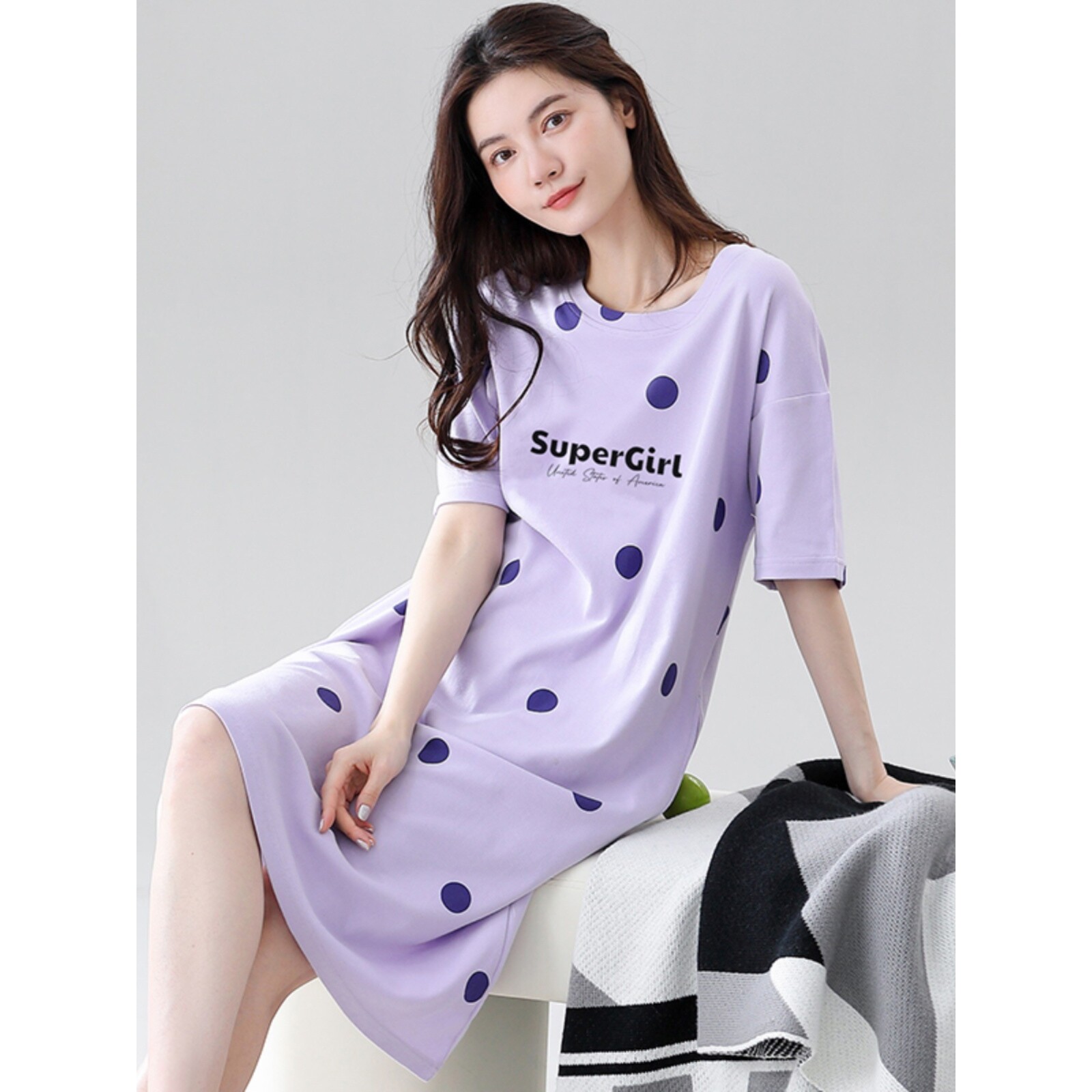 红豆100%纯棉睡裙女夏季短袖可爱大码休闲甜美少女士连衣裙家居服
