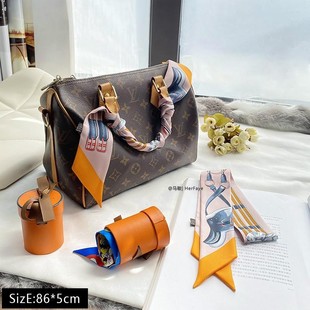 LV&GEDETE 真丝丝巾长条小领巾装饰蓝围巾蚕丝绑包包手柄丝带车挂