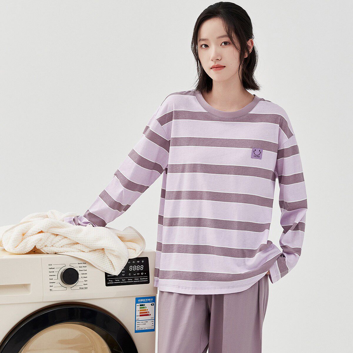 顶呱呱睡衣女士春季100%棉简约圆领长袖条纹休闲可外穿家居服套装