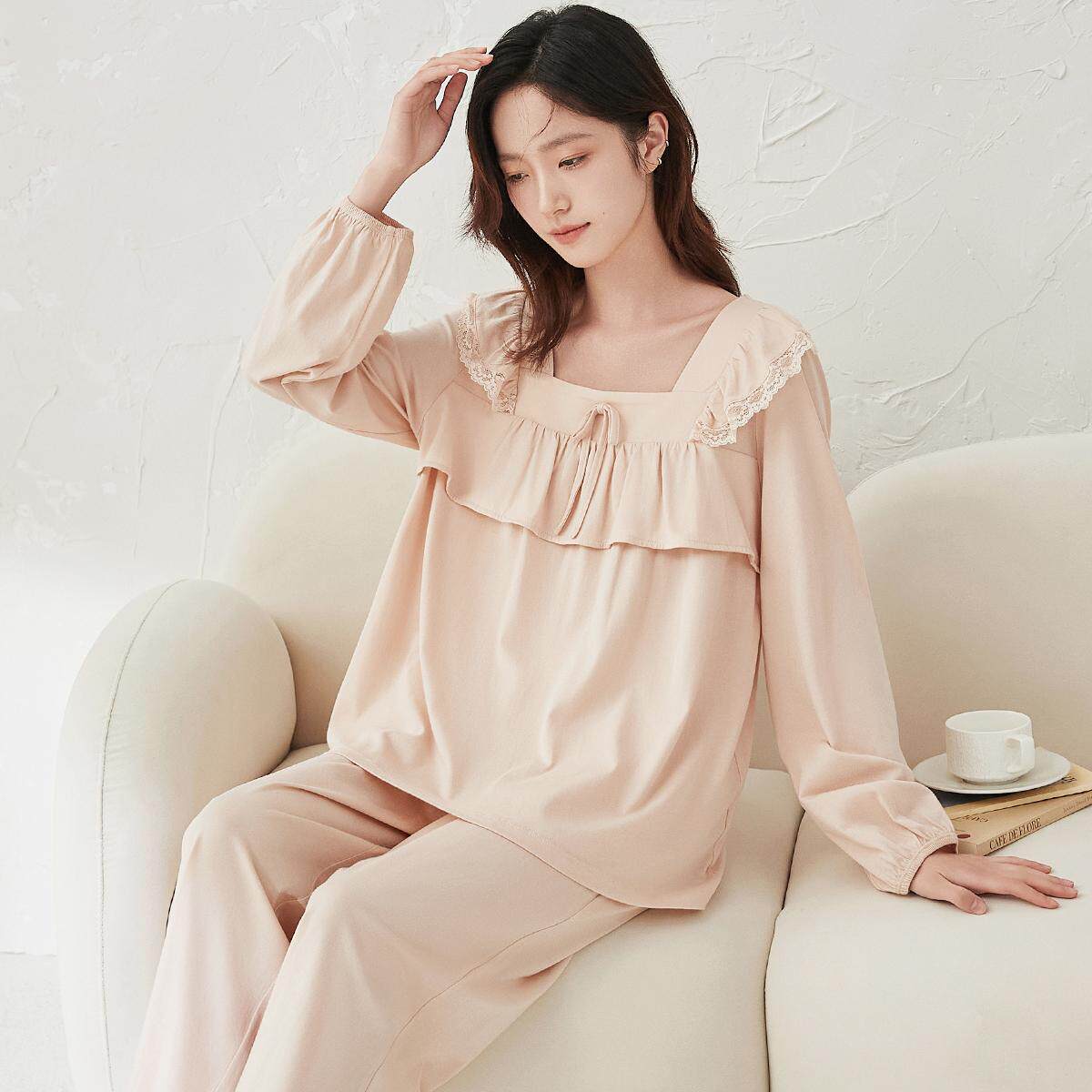 顶瓜瓜纯棉睡衣女款春秋季长袖薄款甜美可外穿家居服套装方领套头