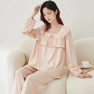 甜美可外穿家居服套装 顶瓜瓜纯棉睡衣女款 薄款 长袖 方领套头 春秋季
