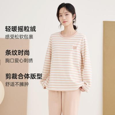 顶瓜瓜睡衣女长袖套装经典条纹摇粒绒休闲宽松家居服可外穿圆领