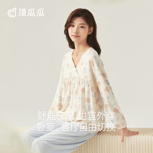 顶瓜瓜女士睡衣春款 100%棉长袖 印花可外穿简约宽松V领家居服套装