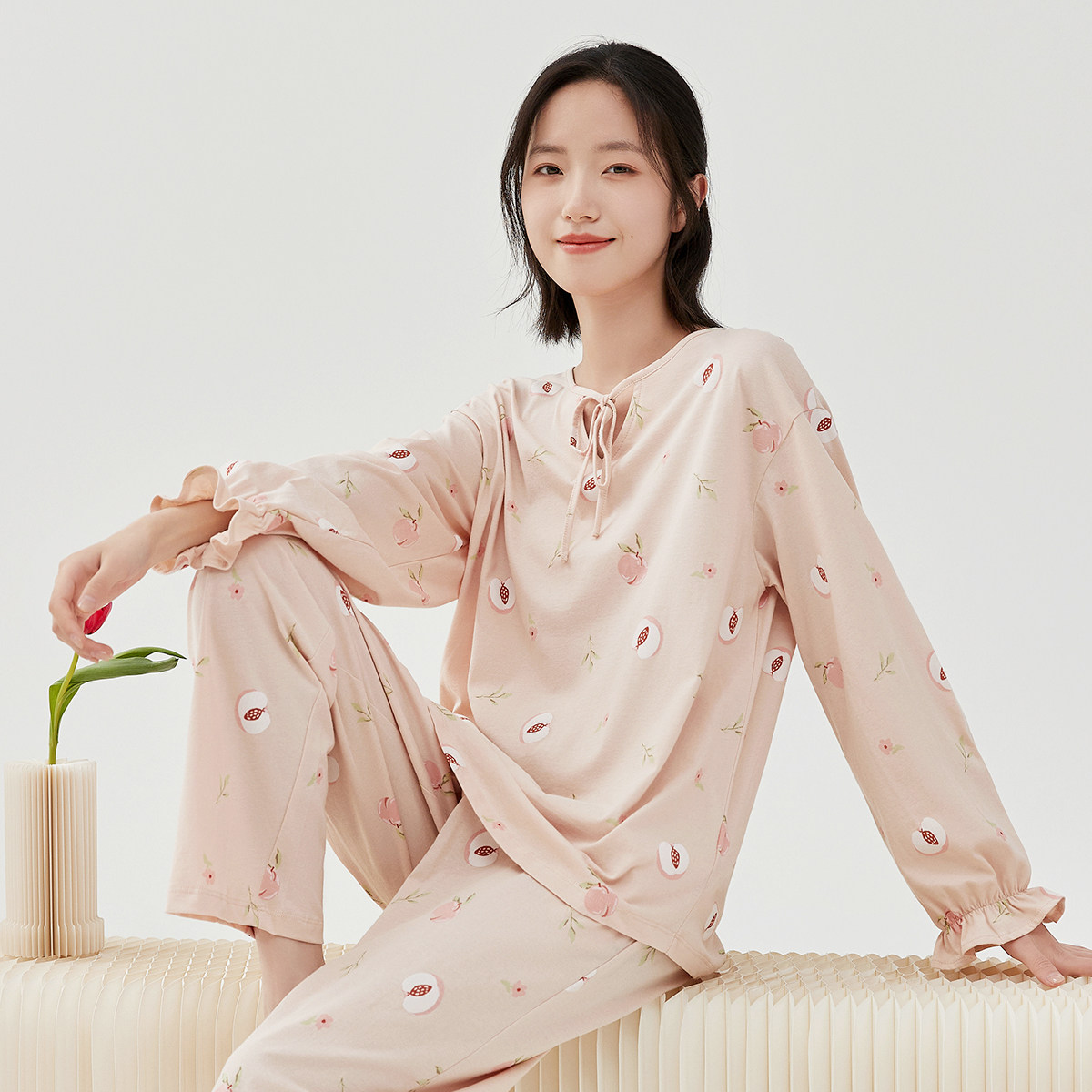 顶瓜瓜女士睡衣纯棉长袖100%棉甜美风家居服套装可外穿休闲宽松