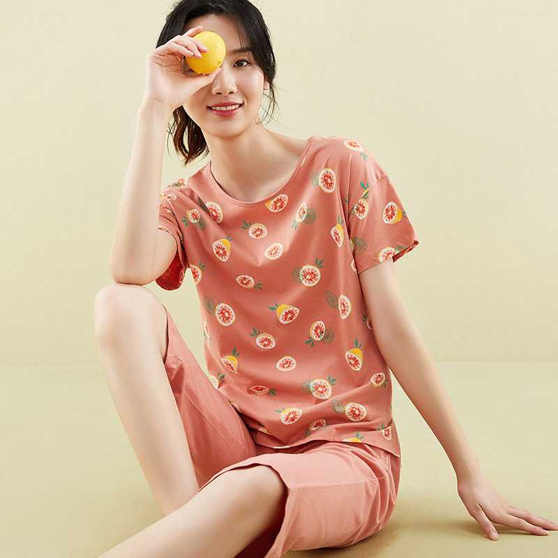 顶呱呱顶瓜瓜睡衣夏天薄款宽松休闲纯棉女家居服套装短袖七分裤