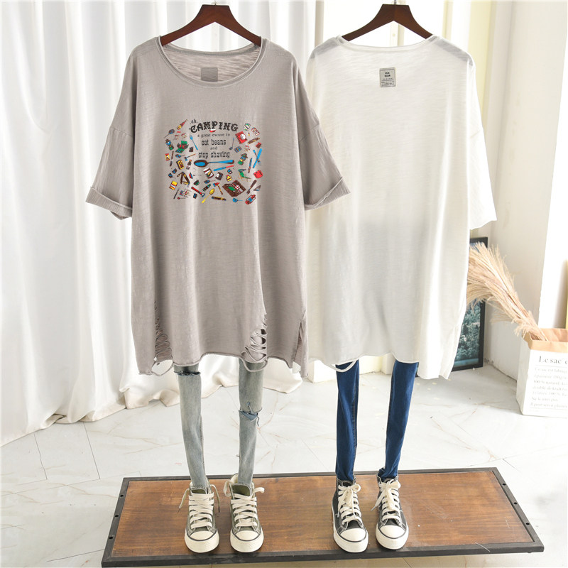 胖mm破洞竹节棉短袖T恤女