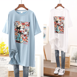 宽松韩版 t恤女上衣中长款 潮ins印花大码 女装 夏装 胖mm半袖 纯棉短袖