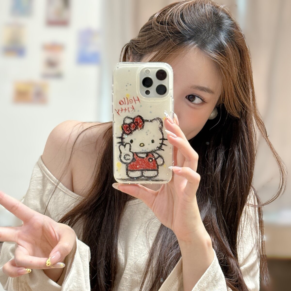 新磨具 半包星星闪粉双层—比耶KT适用iPhone16pro手机壳日系可爱卡通创意苹果14promax网红2025超火女款15pr