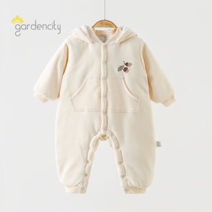 婴儿连体衣厚棉280g加厚保暖夹棉男女宝宝小松鼠连帽哈衣棉服冬装