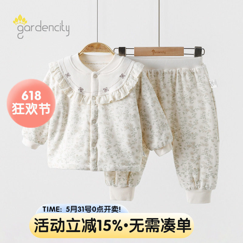婴儿家居服套装秋冬季保暖80g夹棉甜美花边女宝宝大PP裤薄棉睡衣