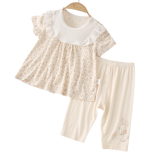 婴儿家居服套装夏季薄款莫代尔女宝宝短袖上衣7分裤短裤2件套睡衣