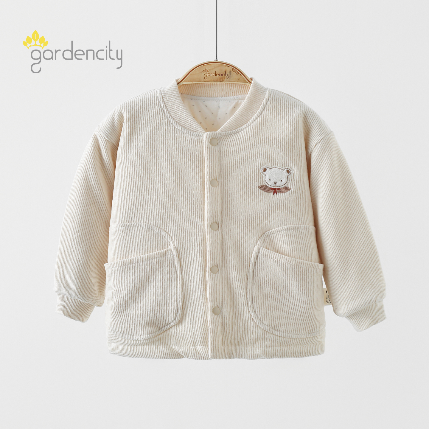 婴儿家居服上衣秋冬季80g夹棉卡通小熊口袋男女宝宝保暖薄棉外套