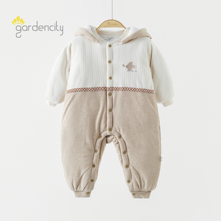 婴儿连体衣冬季保暖加厚280g夹棉男女宝宝可拆卸帽连帽哈衣外出服