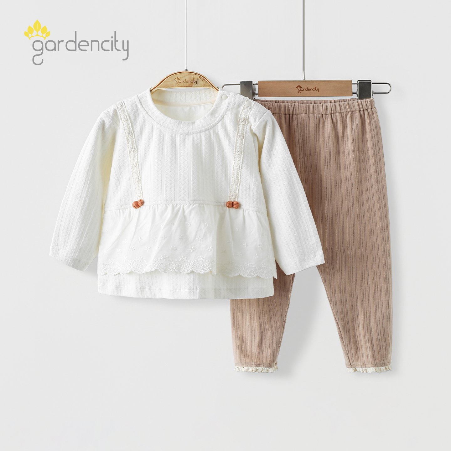 婴儿春秋套装甜美蕾丝花边提花女宝宝长袖上衣打底裤两件套家居服