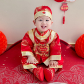 婴儿百天生日喜庆拍照 女童抓周礼服套装 宝宝周岁宴唐装 男春秋中式