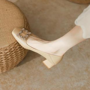 店主自留新款 真皮粗跟单鞋 女2025春秋不累脚方头中跟职业高跟鞋