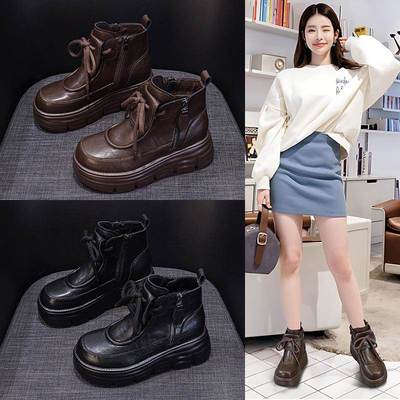 香港真皮英伦风马丁靴女春秋2025新款加绒棉靴小个子增高厚底短靴