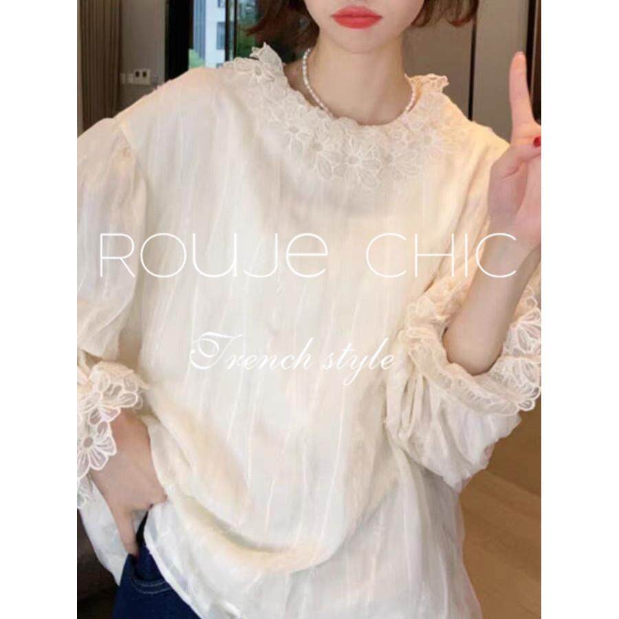 法国rouje chic秋季法式米白色设计感双层蕾丝花朵领口衬衫上衣女