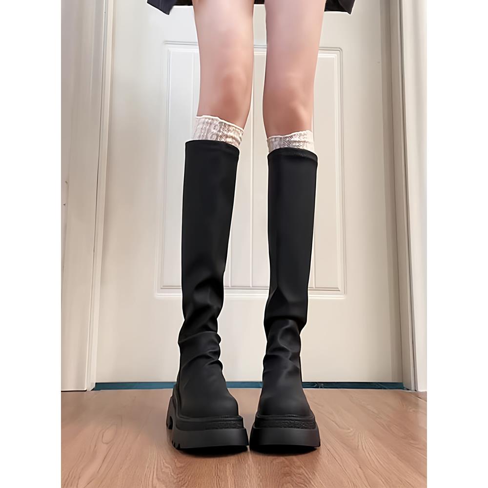 港风轻奢新款~真皮厚底长筒靴女冬黑色增高不过膝骑士瘦瘦弹力靴
