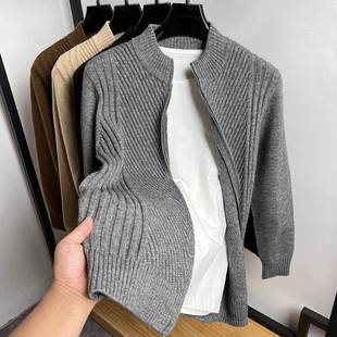 高端纽花纯色开衫男针织衫秋冬季厚款毛衣外套男潮流立领夹克线衣